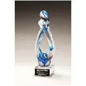 12" Contemporary Sculpture with Blue Accent Art Glass on Clear Glass Base with Black Laserable Aluminum Plate