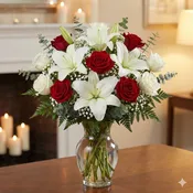 4 White Lilies 4 Red Roses 4 White Rose Vase