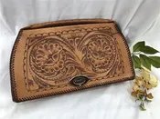 Jo O Kay 60s 70s Hand Tooled Leather Floral Clutch Purse Handbag Vintage Bag