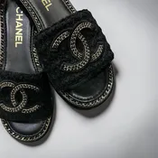 CHANEL CC Chain Alpaca Slide Sandals in Black |