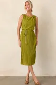 Afterglow Peridot Green Pleated Midi Dress