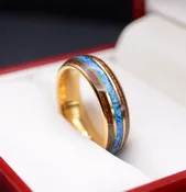 6mm Yellow Gold Tungsten Opal Ring With Koa Wood Inlay