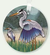 Coastal Blue Herons Ceramic 3" Circle Ornament, with Ribbon and Gift Bag
