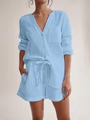 Notched Long Sleeve Top and Shorts Set