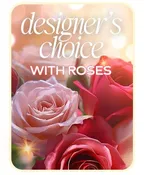 DESIGNER'S CHOICE WITH ROSES IN GLASS VASE