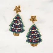 Christmas Tree Beaded Earrings   Green/Gold   3.5"