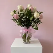 Classic Dozen Roses with Pink Ribbon