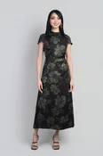 Black/Olive Floral Print Foil Cap Sleeve V Back Neck Midi Dress