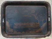 Antique Toleware Serving Tray, Train, Flagman, white House, Dog, People, Tole - Circa 1870 — Sir Richards Antiques & Fine Art Center ~ Est. 1971