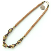 Antique Venetian Lampworked Glass, African Brass Bicones and Strpied Vinyl Heishi, 19-inches Long