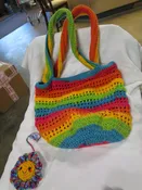 Handmade Rainbow Crochet Beach Market Tote with Flower Face Key Chain
