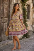 Bohemian Border Print Dress - Beige Multi