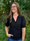 Aria Lace-Trim Short Sleeve Button-Up Blouse - Black