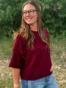 Aria Pearl-Embellished Burgundy Short Sleeve Knit Sweater
