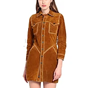 Brown Button Up Women Suede Leather Dress