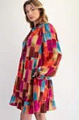 Abstract Print Satin Tiered Dress