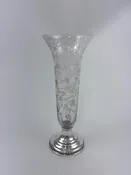 10 3/8" Etched "Chantilly" Glass Vase by Cambride with weighted stering base #427 by Sheffield Silver Co.