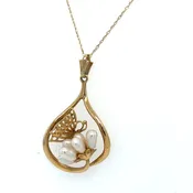 14K YG seed pearl designer  pendant and chain