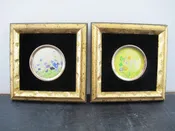 Paintings Watercolor Pair Flowers Roundels 1960s MCM Midcentury