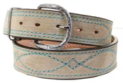 1 1/2" STRAIGHT SUEDE BELT - SAND W/TURQUOISE STITCHING