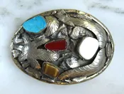Antique Native American Multi Stone Sterling Silver Belt Buckle ETC8354