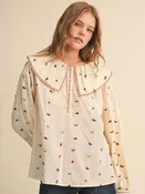 Embroidered Floral Oversized Collar Button Down Top