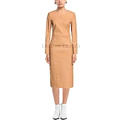 Camel Brown Panel Detailed Women Mid Hot Leather Dress