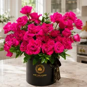 40 Reflexed Roses Hat Box -  Hot Pink