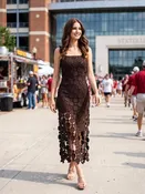 3D LACE FRINGE HEM BODYCON MIDI DRESS