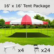 16′ x 16′ Red Tent Package – Long Tables 24 Guests