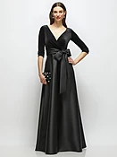 3/4 Sleeve Wrap Bodice Full Skirt Black Velvet and Satin Dress with Sash