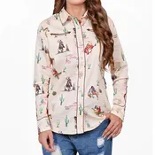 American Darling 100% Satin Cotton Western Shirt – Cream Rodeo Bronco Print Button Down Top