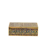 Gilt Brass and Blue Enamel Cigarette Box with Floral and Geometric Decoration