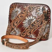 American Darling Western Cross Body Bag Handcrafted from Hand Tooled Genuine Leather | Sunflower Design, Buckstitch Trim & YKK Zipper