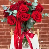 Dozen Red Roses with Amaranthus in a Vase.The photo shows the standard size.