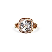 14K Rose Gold Antique Cushion Blue Topaz & Diamond Halo Rope Shank Ring