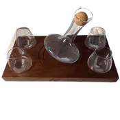 4 Whiskey Glasses & Decanter on Walnut Tray