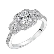 3-stone diamond engagement ring features prong set diamond halos surrounding each diamond whilst paired with a matching diamond band .  Center Stone is not included.