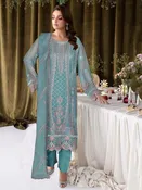Aqua Chiffon Heavy Embroidered Straight Cut Designer