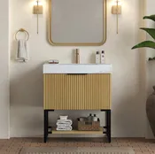 YOLAN 30" Bathroom Vanity & Sink, Freestanding Striped Plywood Storage Cabinet