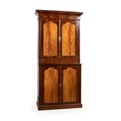 19th Century English Flame Mahogany Stepback Blinded Cabinet, Shaped Cornices, Double Veneered Arched Paneled Doors, Double Drawers, Rising on Plinth Base — White Barn Antiques
