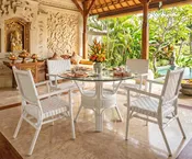 5 Piece Rattan Dining Set With Leather Strapped Chairs & 48" Round Dining Table Riviera Style