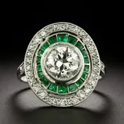 Art Deco 1.35 Carat Diamond and Emerald Halo Ring - GIA H SI1