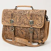 American Darling Western Laptop Briefcase Handcrafted from Hand Tooled Genuine Leather | Floral Carved Flap & Basketweave Body