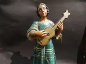 Mexican Hand-carved and Painted Wooden Figure Woman with Guitar c 1930s