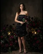 Black Strapless Cocktail Dress with Floral Ruffle Accents – Fitted Evening Dress