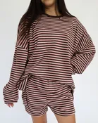 Contrast Collar Striped Long Sleeve Set Top