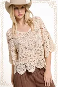 Garden Party Floral Crochet Bell Sleeve Top - Natural