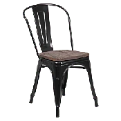 Bistro Style Black Metal Chair with Walnut Wood Seat