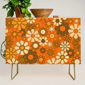 70s Retro Floral Pattern Groovy Garden Flowers in Orange and Brown Credenza